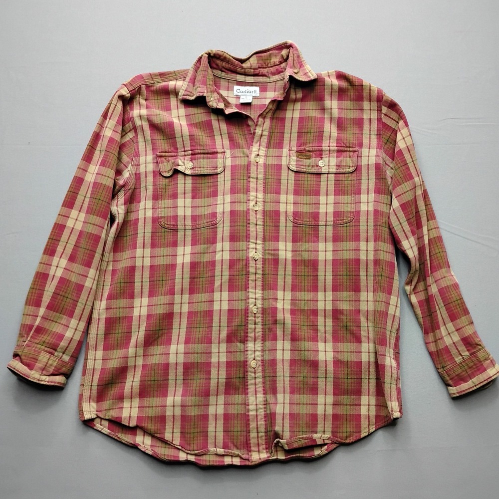 Carhartt Mens denim Shirt Large red Tan Plaid Long Sleeve Cotton Workwear